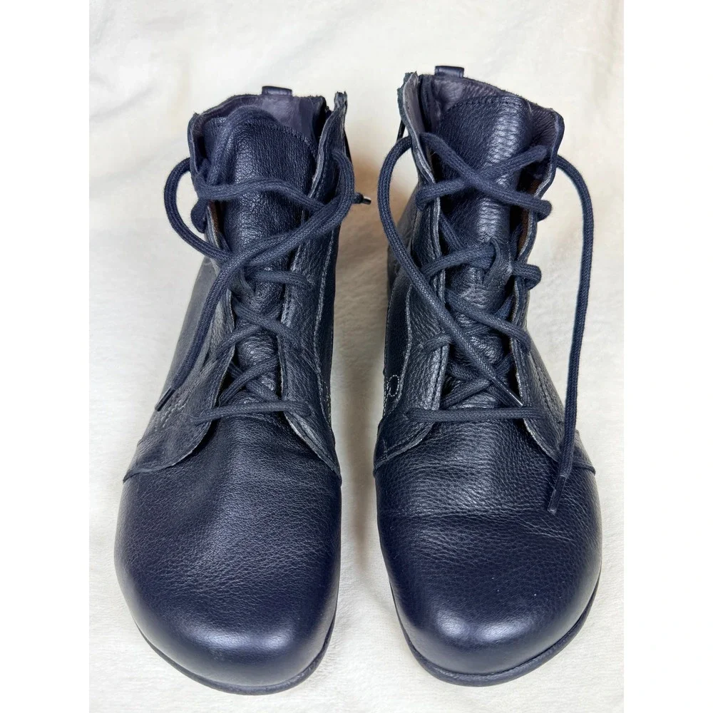 Naot Manga Women 38 Ankle Boots Navy Blue Leather Lace Up Side Zip Floral Boho